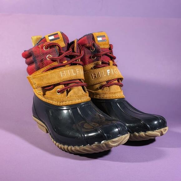 Tommy Hilfiger Duck Boots Brown Tan Leather Red Plaid W/ Strap Women's size 6 - Picture 2 of 7